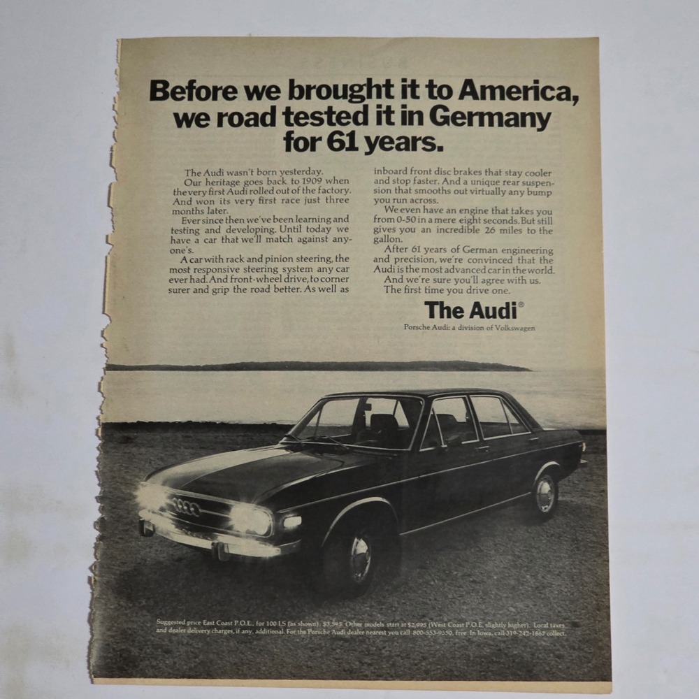 Vintage 1971 Porsche Audi Print Ad German Car Black White Magazine Art 8.25x11